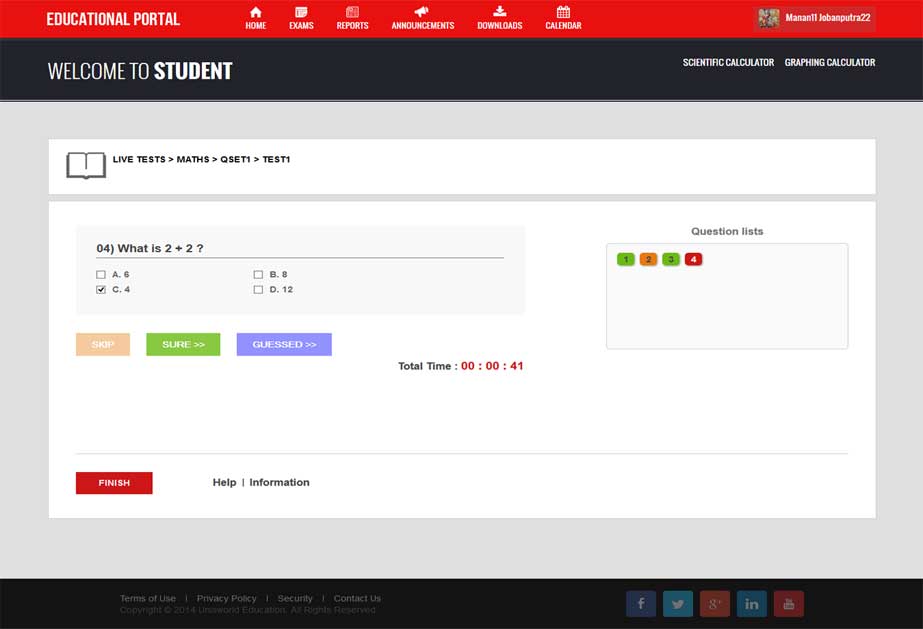 A website which helps students to give online exams and can see their results instantly and can also see reports of already given tests. There are 2 other users also as teacher and admin can manage all the things like add subject, test, questions etc and 