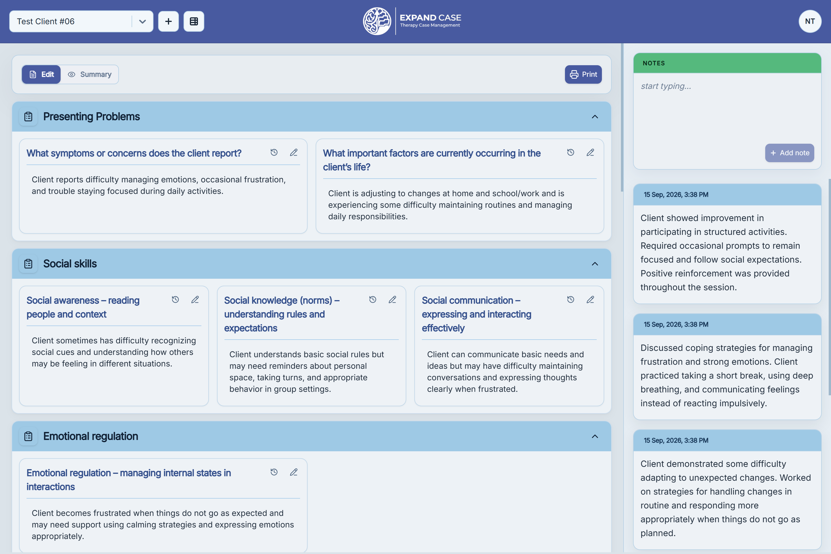 ExpandCase therapy case management platform showing therapist dashboard with client questionnaire and session notes