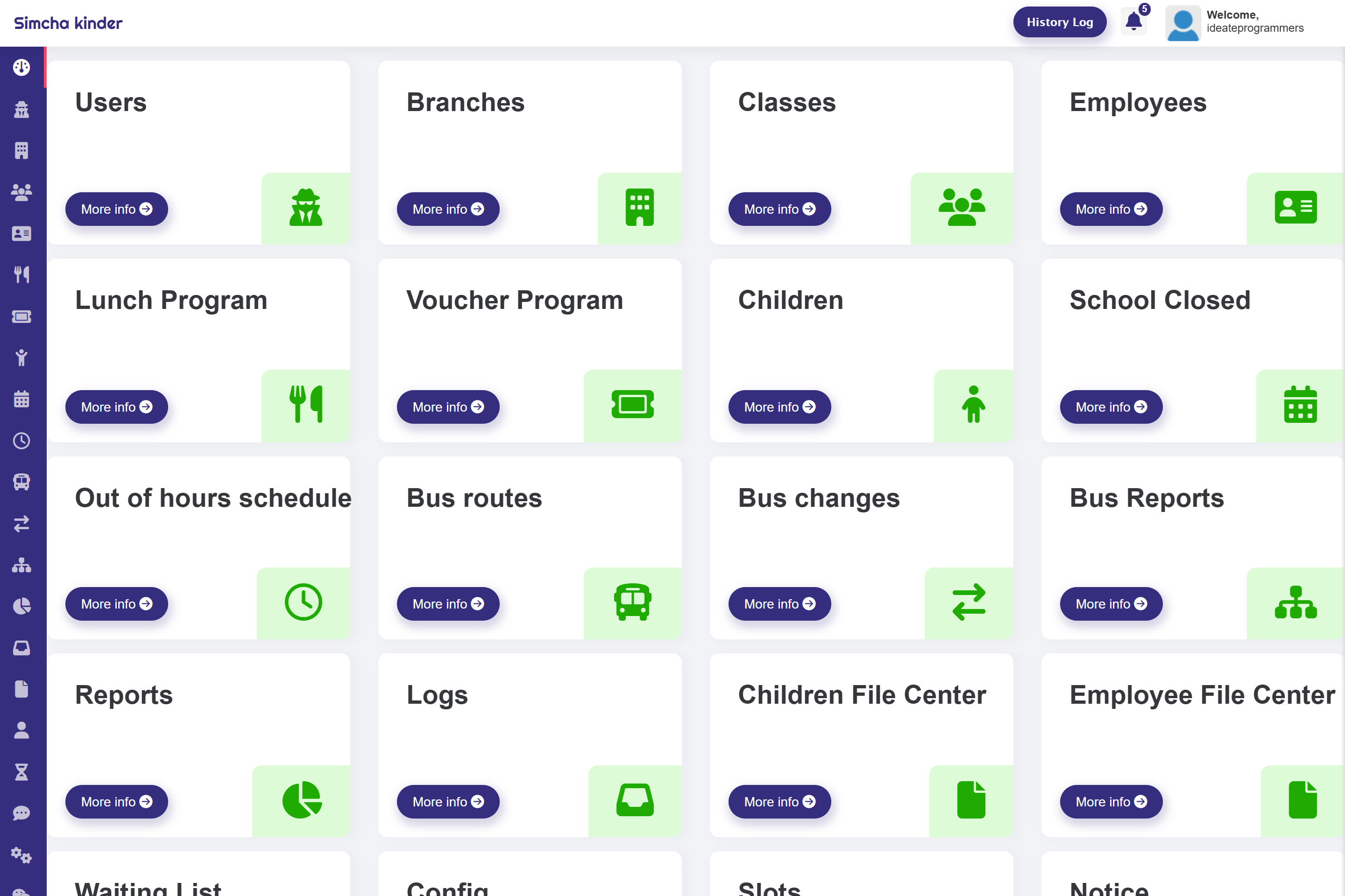 A complete school management system with tools for student records, staff, classes, branches, lunch and voucher programs, transport routes, schedules, reports, file centers, waiting lists, notices, and more—simplifying school operations in one platform.
