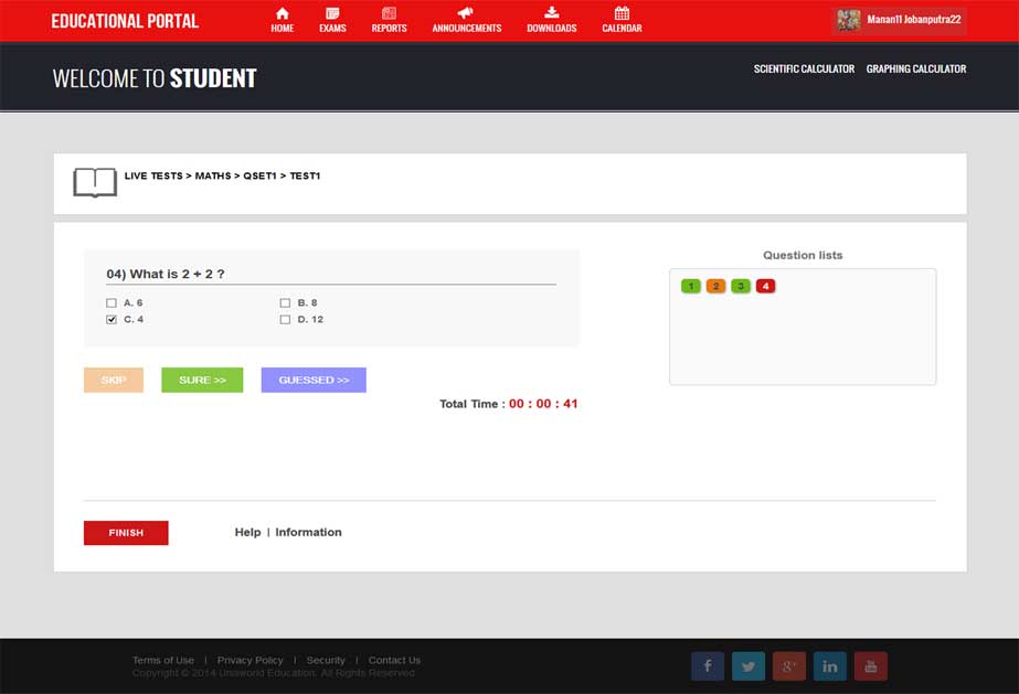 A website which helps students to give  online exams and can see their results instantly and can also see reports of already given tests.  There are 2 other users also as teacher and admin can manage all the things like add subject, test, questions etc and also see different kind of students reports which will be based on students performance. <br> Url : http://uniswe.unishost.com
